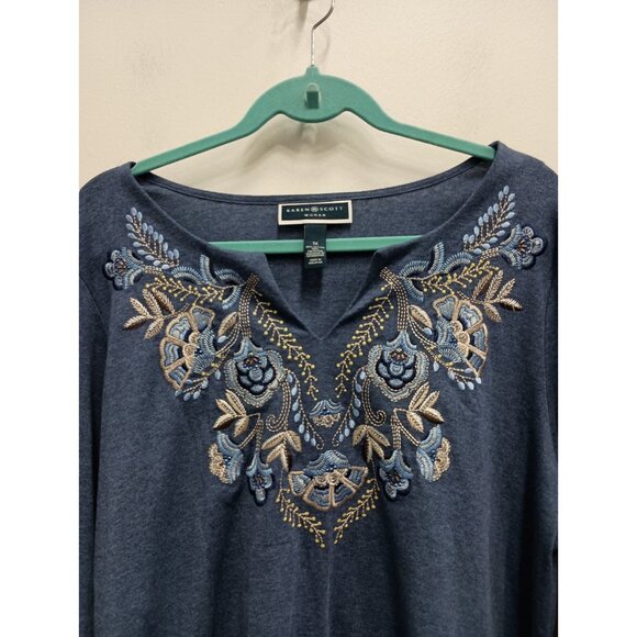 Karen Scott Tunic Top Womens Size 1X Blue Embroidered BOHO 3/4 Sleeve Casual - Picture 2 of 11